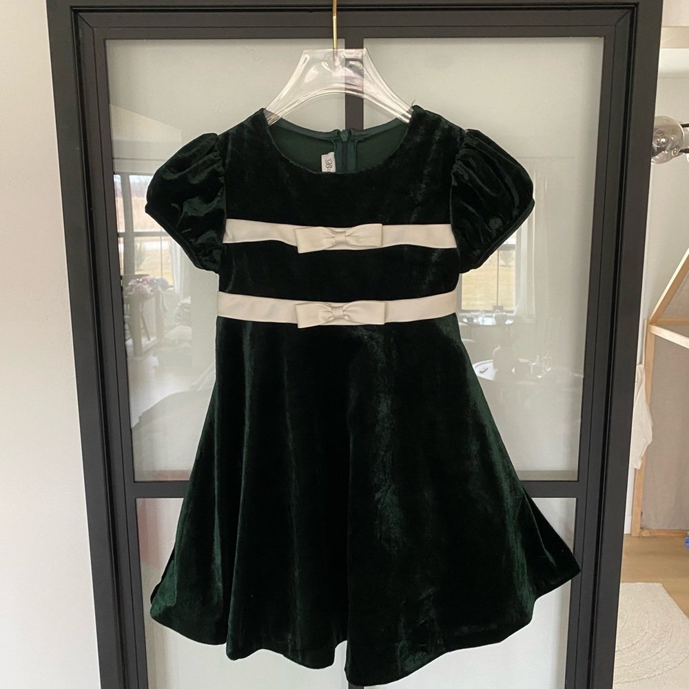 Bonnie Jean Dark Green Velvet Dress with Cream Bows